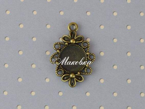 Основа под кабошон №38, Круг Ажур с цветочком 21x30мм (д 12мм), античная бронза, 1 шт