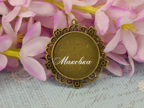 Основа под кабошон №48 Круглая С цветочками , античная бронза