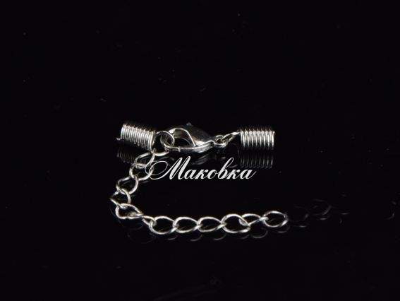 Замок с пружинками, длина 26 мм + цепочка , для шнуров диаметром 2 мм, Платина