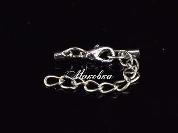 Замок з ковпачками для шнура, на шнур 2,5-3 мм, довжина 26мм + подовжувальний ланцюжок, колір платиновий Замок з ковпачками для шнура, на шнур 2,5-3 мм, довжина 26мм + подовжувальний ланцюжок, колір платиновий