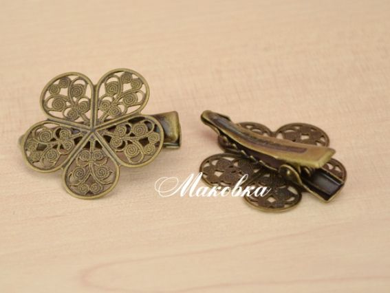 Заколка-зажим (крокодильчик) 07 с филигранью Цветок 27x27мм (31x7мм), латунь, античная бронза, 1 шт Заколка-зажим (крокодильчик) 07 с филигранью Цветок 27x27мм (31x7мм), латунь, античная бронза, 1 шт