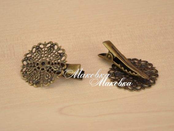 Заколка-зажим (крокодильчик) 08 с филигранью Круг 25x25 мм (31 мм), латунь, античная бронза, 1 шт Заколка-зажим (крокодильчик) 08 с филигранью Круг 25x25 мм (31 мм), латунь, античная бронза, 1 шт