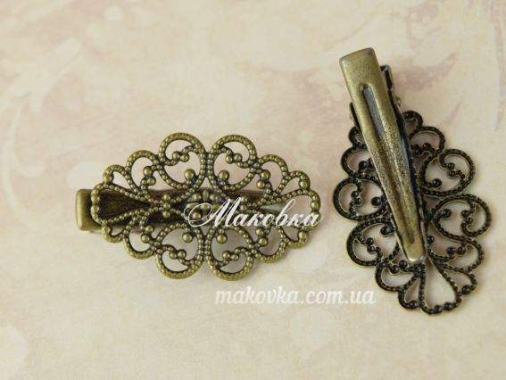 Заколка-зажим (крокодильчик) 09 с филигранью Овал 31x20 мм (30 мм), латунь, античная бронза, 1 шт