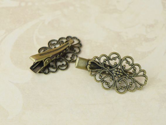 Заготовка заколка-зажим (крокодильчик) с филигранью №09 Овал 31x20 мм (30 мм), латунь, цвет античная бронза, 1 шт