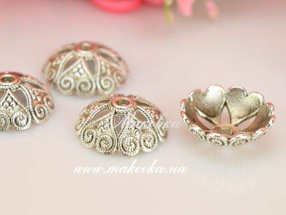 Колпачок бижутерный №43 Шапочка-сердечки 20х7 мм, античное серебро, 1 шт