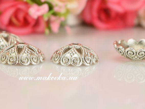 Бижутерный колпачок (шапочка) №43 Шапочка-сердечки 20х7 мм, античное серебро, 1 шт