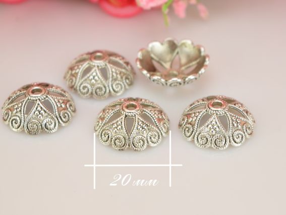 Бижутерный колпачок (шапочка) №43 Шапочка-сердечки 20х7 мм, античное серебро, 1 шт