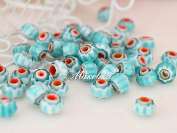 Бусина Миллефиори, граненная, рондель 8х6 мм, БИРЮЗОВАЯ 1 шт Бусина Миллефиори, граненная, рондель 8х6 мм, БИРЮЗОВАЯ 1 шт