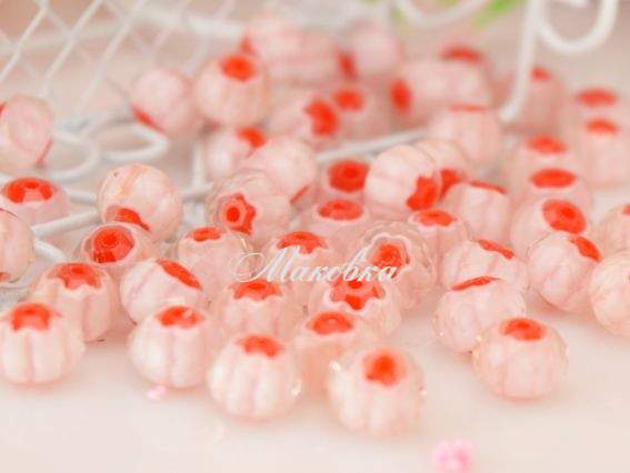 Бусина Миллефиори, граненная, рондель 8х6 мм, Белая с красным 1 шт