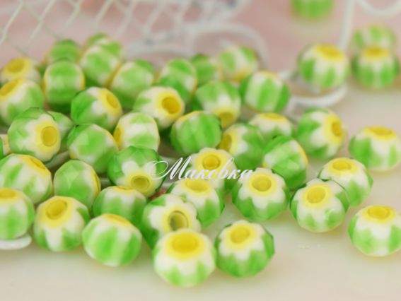 Бусина Миллефиори, граненная, рондель 8х6 мм, Салатовая с желтым 1 шт Бусина Миллефиори, граненная, рондель 8х6 мм, Салатовая с желтым 1 шт