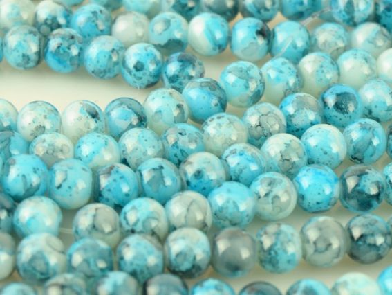 Скляні намистини у формі кулі 6 мм, МАРМУРНІ, колір Бірюзовий 1 низка
