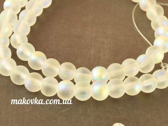 Стеклянные бусины в форме шара, Белые матовые полупрозрачные с перламутром 8 мм 1 низка