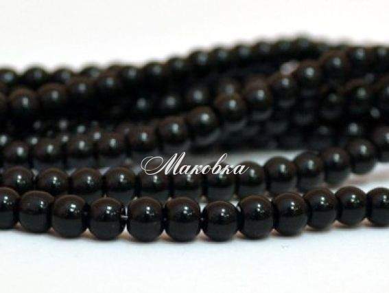 Скляні намистини у формі кулі, 4 мм №33, чорні суцільні, 1 низка