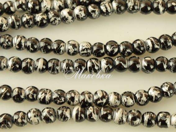 Бусины ЗЕБРА стеклянные, шар 4 мм, Черные с серебром 1 низка