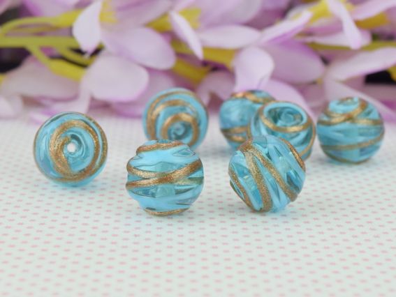 Бусина Lampwork ШАР 14мм, Бирюзовая с золотыми полосами 1 шт Бусина Lampwork ШАР 14мм, Бирюзовая с золотыми полосами 1 шт