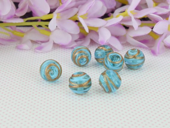 Lampwork бусина ШАР 14мм, Бирюзовая с золотыми полосами 1 шт