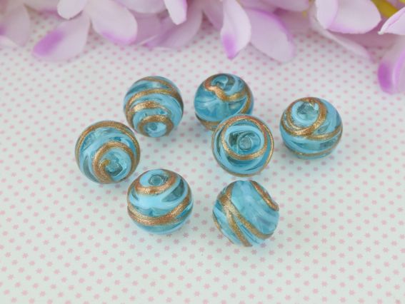 Lampwork бусина ШАР 14мм, Бирюзовая с золотыми полосами 1 шт
