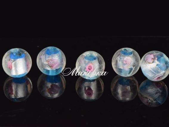 Бусина Lampwork ШАР 14мм, серебро с Розами Бирюзовая  1 шт Бусина Lampwork ШАР 14мм, серебро с Розами Бирюзовая  1 шт