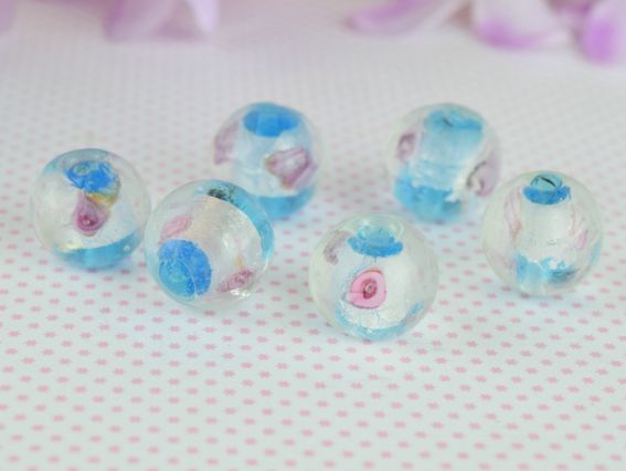 Lampwork бусина ШАР 14мм, серебро с Розами Бирюзовая  1 шт