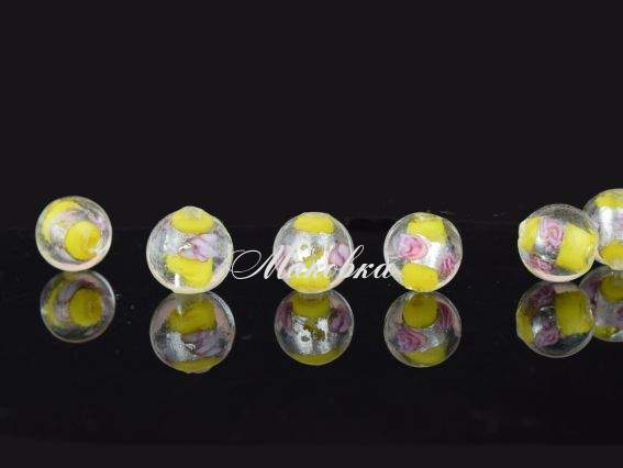 Бусина Lampwork ШАР 12мм, серебро с Розами Желтая 1 шт Бусина Lampwork ШАР 12мм, серебро с Розами Желтая 1 шт