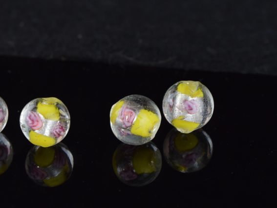 Lampwork бусина ШАР 12мм, серебро с Розами Желтая 1 шт