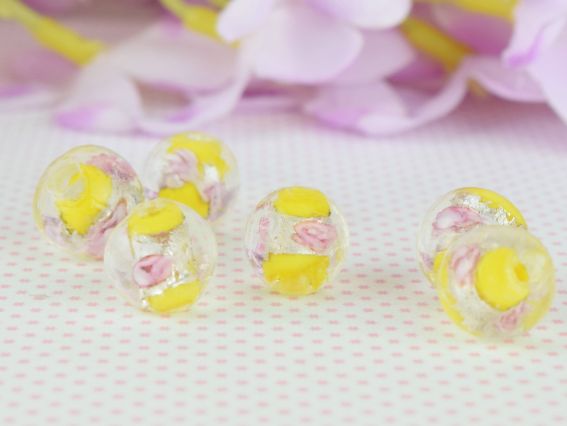 Lampwork бусина ШАР 12мм, серебро с Розами Желтая 1 шт