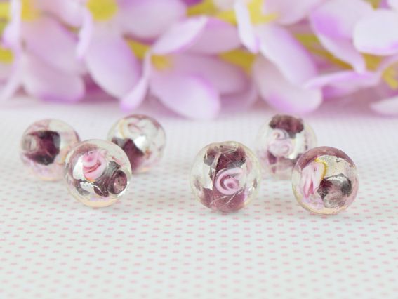 Lampwork намистина ШАР 12мм, срібло з Трояндами Баклажан  1 шт