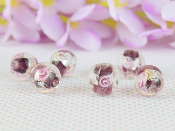 Намистина Lampwork КУЛЯ 12мм, срібло з Трояндами Баклажан 1 шт