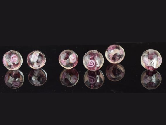 Lampwork намистина ШАР 12мм, срібло з Трояндами Баклажан  1 шт
