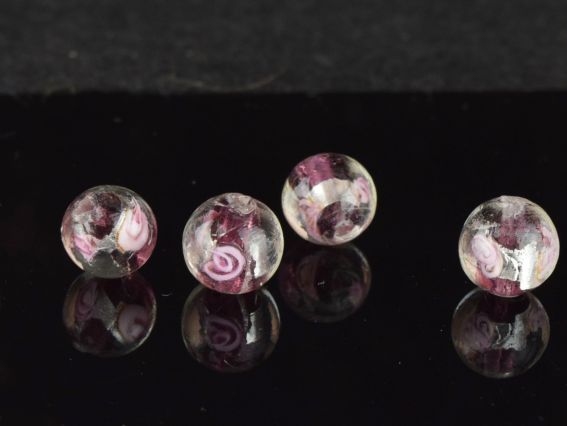 Lampwork намистина ШАР 12мм, срібло з Трояндами Баклажан  1 шт