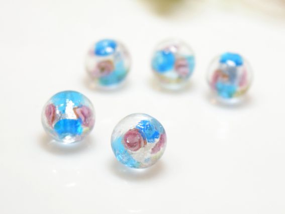 Lampwork бусина ШАР 12мм, серебро с Розами Бирюзовая  1 шт