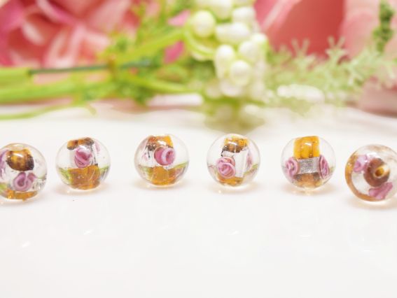 Lampwork намистина ШАР 12мм, срібло з Трояндами Коричнева   1 шт