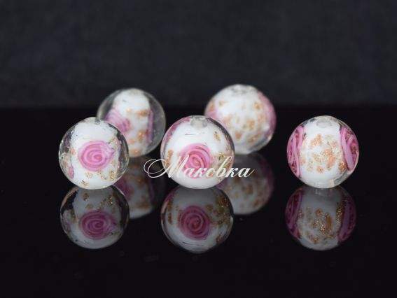 Бусина Lampwork ШАР 12мм, гладка з Трояндами БІЛА 1 шт Бусина Lampwork ШАР 12мм, гладка з Трояндами БІЛА 1 шт