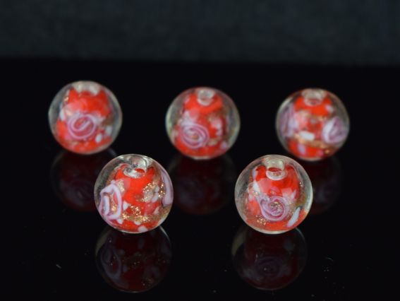 Lampwork намистина ШАР 12мм, з трояндами ЧЕРВОНА 1 шт