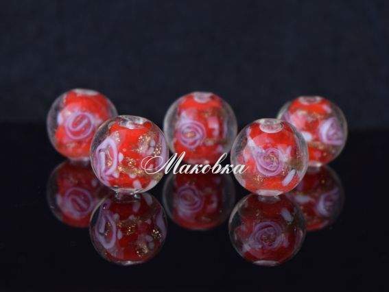 Бусина Lampwork ШАР 12мм, гладка з Трояндами ЧЕРВОНА 1 шт Бусина Lampwork ШАР 12мм, гладка з Трояндами ЧЕРВОНА 1 шт