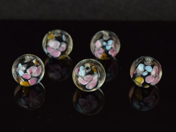 Lampwork намистина ШАР 14 мм, гладка Чорна з Квітами 1 шт