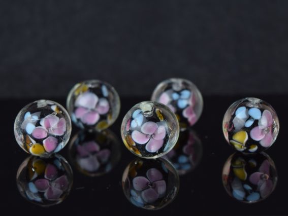 Lampwork намистина ШАР 14 мм, гладка Чорна з Квітами 1 шт