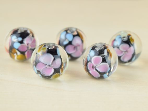 Бусина Lampwork ШАР 14 мм, гладка Чорна з Квітами 1 шт Бусина Lampwork ШАР 14 мм, гладка Чорна з Квітами 1 шт