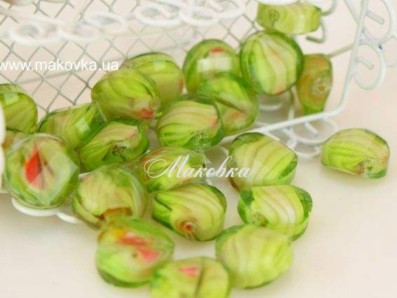 Бусина Миллефиори 14х7 мм круглая изогнутая с гранями, САЛАТОВАЯ,  1 шт Бусина Миллефиори 14х7 мм круглая изогнутая с гранями, САЛАТОВАЯ,  1 шт