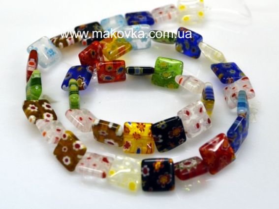 Бусины Millefiori квадрат плоский 10х10 мм, низка, ассорти Бусины Millefiori квадрат плоский 10х10 мм, низка, ассорти
