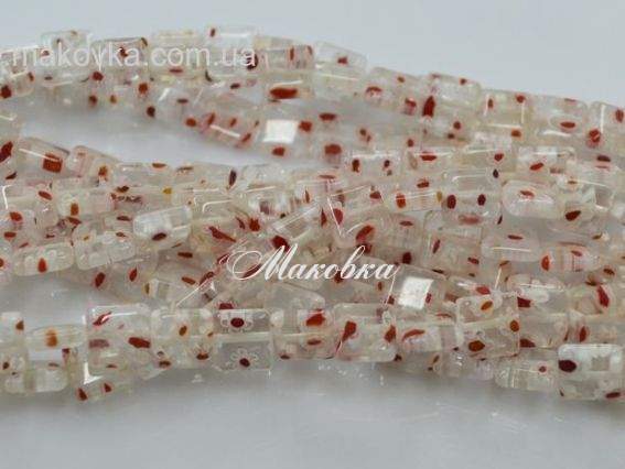 Бусины Millefiori Квадрат плоский 8х8 мм, низка, белый с красным