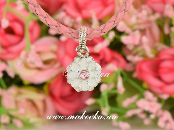 Бусина Пандора-стиля с подвеской цветок Астра, белый со стразой, 1 шт