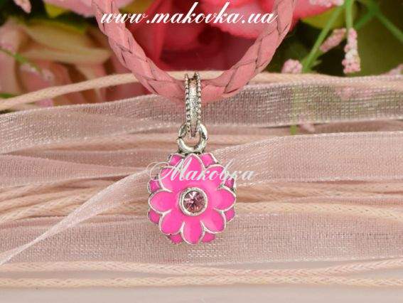 Бусина Пандора-стиля с подвеской цветок Астра, розовый со стразой, 1 шт