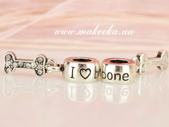 Бусина Пандора-стиля с подвеской Косточка со стразами, 1 шт