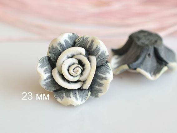 Бусина из полимерной глины №10 Цветок Роза, 23 мм, серая