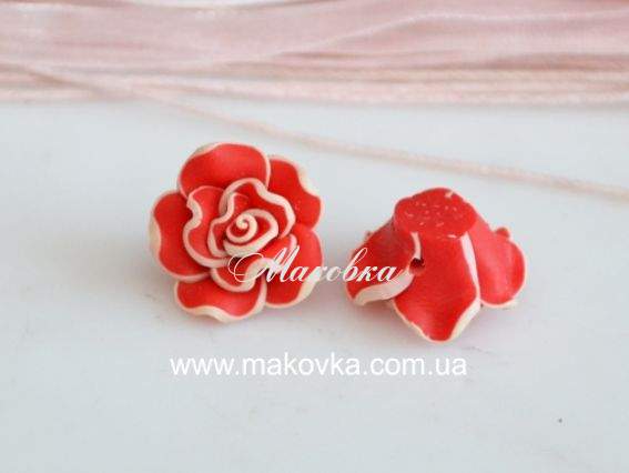 Бусина из полимерной глины №17 Цветок Роза, 17,5 мм, красная с белой каймой