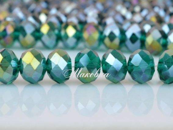 Хрусталь 10х8 мм №25, низка, зелёный (сосна) с перламутром
