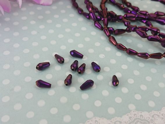 Кришталеві намистини, форма Капля, розмір 3*7мм , Металік Пурпурні 10 шт