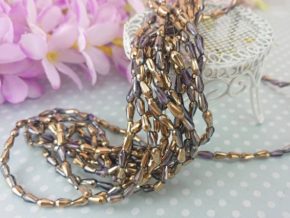 Хрустальные Бусины, форма Капля, размер 3*7мм, Аметист и золото 10 шт