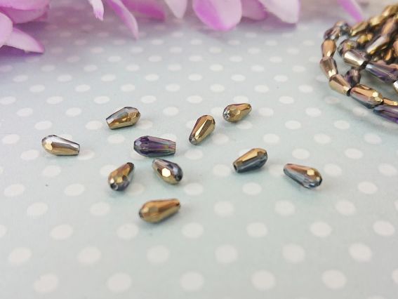 Хрустальные Бусины, форма Капля, размер 3*7мм, Аметист и золото 10 шт